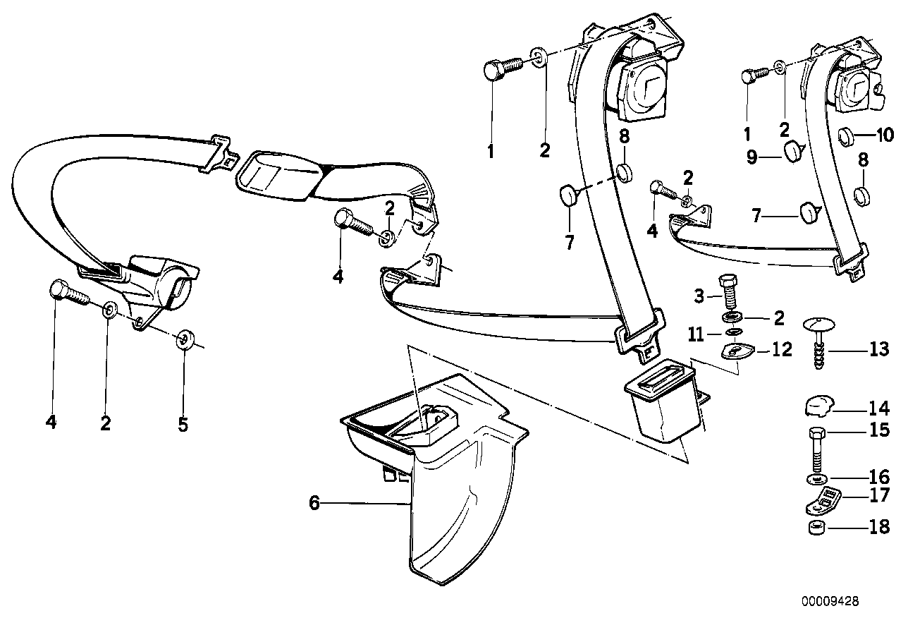 Rear safety belt mounting parts