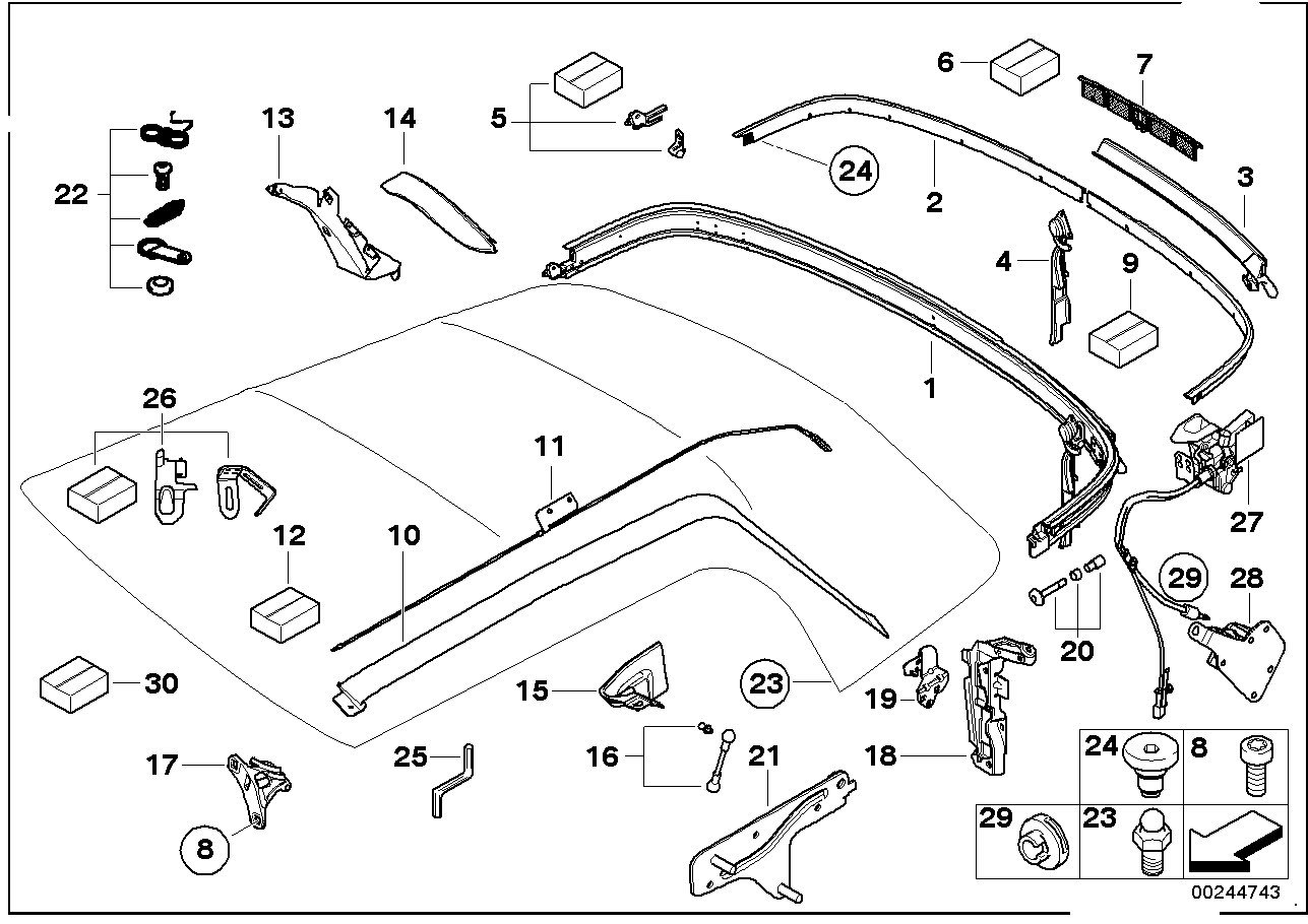 Folding top mounting parts