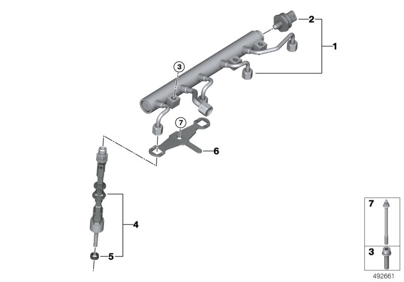 High-pressure rail/injector/mounting