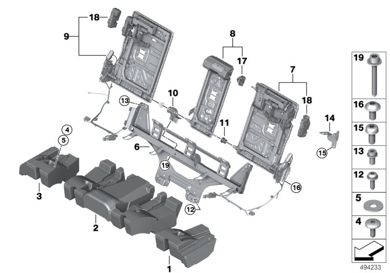 Seat, rear, seat frame, basic seat