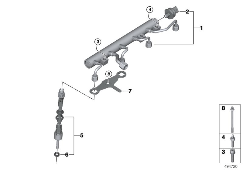 Rail de alta pressão/injector/fixação